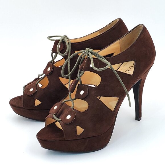 “GUESS” Brown Suede Lace-Up Platform Heels – 4 ½ Inch – Size 7 ½ M - Picture 1 of 8